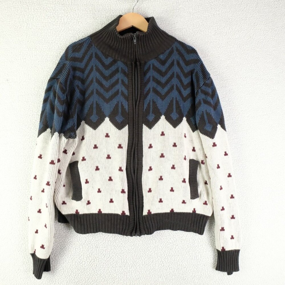 Vintage Blue, White & Brown Zip-Up Knit Sweater